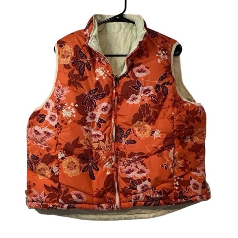 L.L. Bean Women’s Reversible Down Insulated‎ Vest Size 1X Floral Neutral Pockets